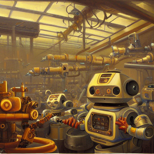Robots Building Robots In A Factory, Oil Painting By Justin...