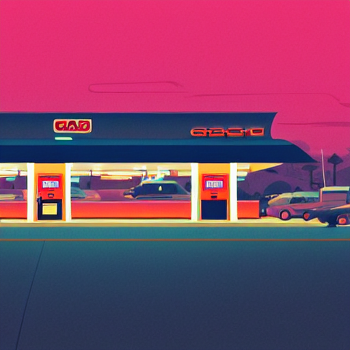 A Gas Station At Night, Clean Cel Shaded Vector Art. Shutter... — Stable Diffusion AI Prompt: a gas station at night, clean cel shaded vector art. shutterstock. behance hd by...
