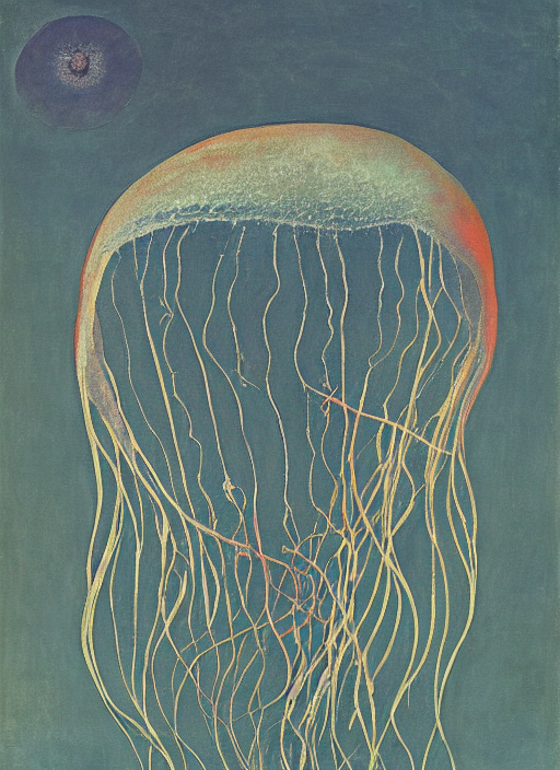 A Jellyfish Floating Deep Down In The Dark Sea, Painted By H...