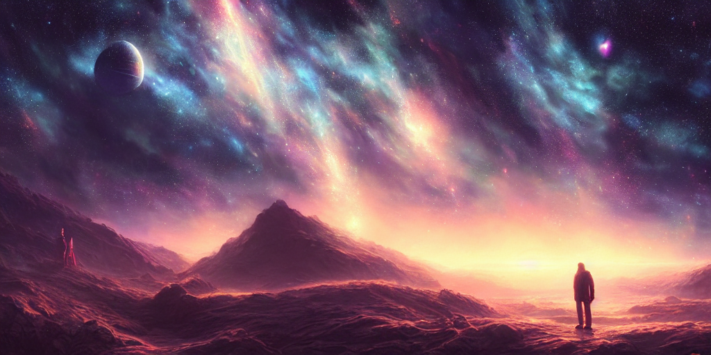 Man Lost In Space, Dreamy Beautiful Landscape, Stars And Gal...