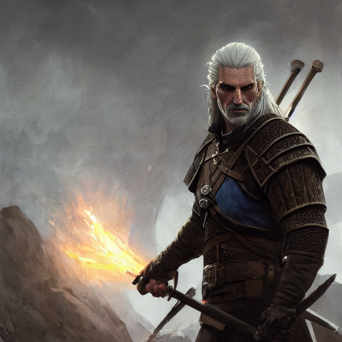 A Painting Of A Mid Shot Of Geralt Of Rivia By Greg Rutkowsk...