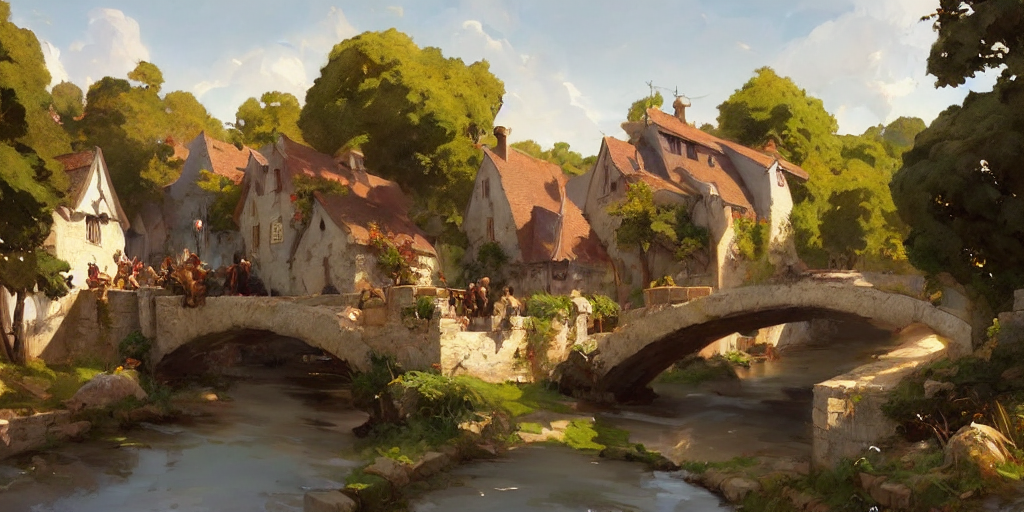 Concept Art Of A Small Medieval Village With Bridges And Far...