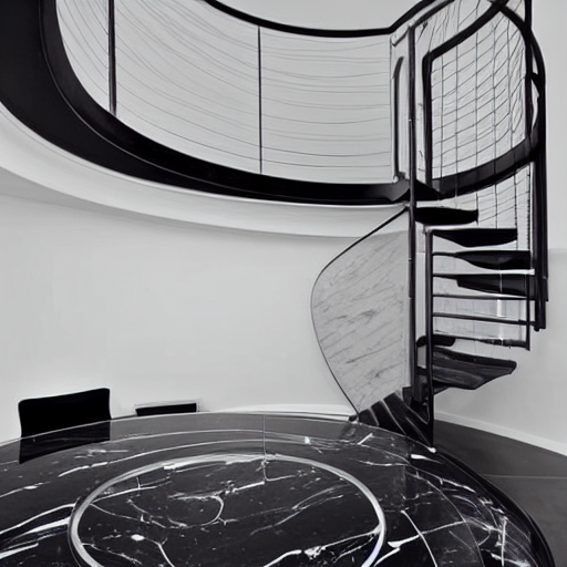 A Round Glass Table In A Futuristic Interior With Dark Marbl...