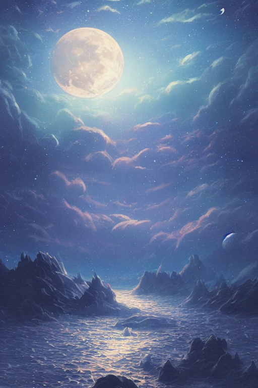 Moon Sea And Night Sky With Stars And Galaxies, Ornate Detai...