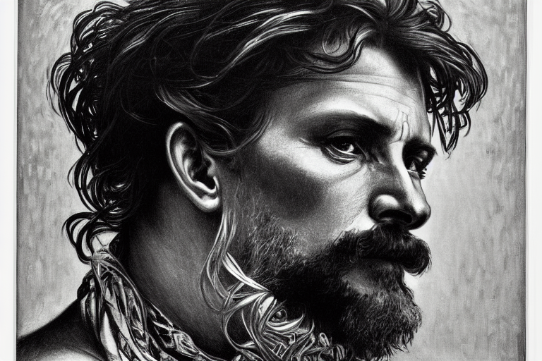 Painted Closeup Portrait Of Intense Man, Masculine, Fierce,...