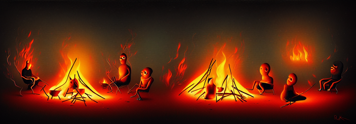 Strange Microscopic Creatures Sitting Around A Fire, Trying...
