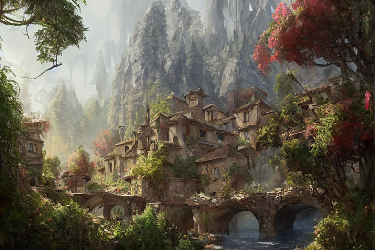 Glade With Corsican Village, Highly Detailed, Digital Painti...