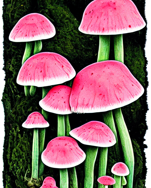 Botanical Illustration Of Peachy Pink Mushroom Family With B...