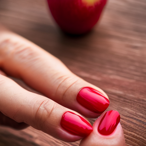 A Female Hand Holding A Red Fresh Apple, Red Nail Polish On...