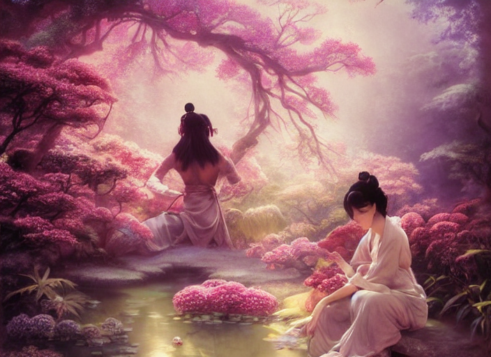 Ancient Japanese Fantasy Garden, Beautiful Woman Caring For...