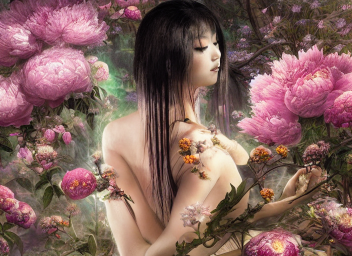 Ancient Japanese Fantasy Garden At Night, Beautiful Woman Ca...