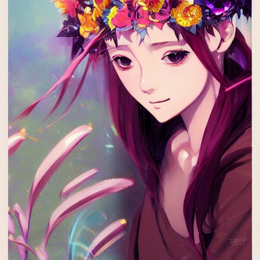 Portrait Of Anime Pixie Character With Flower Crown Hair, Ma...