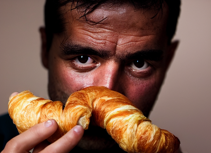 Closeup Portrait Of A Man Snorting A Croissant, Photograph,...