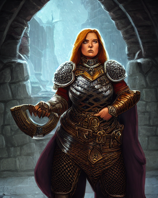 Heavilly Armored Dwarven Woman Inside Stony Halls, Dungeons...