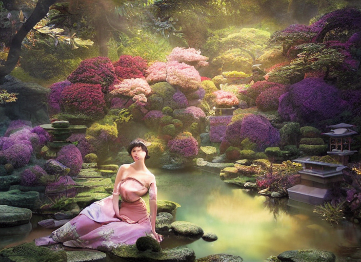 Ancient Japanese Fantasy Garden At Night, Beautiful Woman Ca...