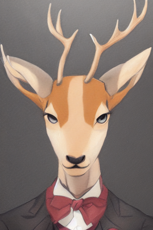 A Portrait Painting Of A Buck In Suit, In The Style Of Anime... — Stable Diffusion AI Prompt: a portrait painting of a buck in suit, in the style of anime, humanoid, anthropo...