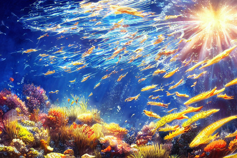 Portrait Of Goldfishes Swarming The Ocean. Shadow And Light....