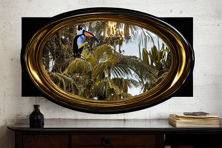Elegant Oval Mirror And Toucan With Reflection, Cinematic, F... — Stable Diffusion AI Prompt: elegant oval mirror and toucan with reflection, cinematic, filmic, wildlife phot...