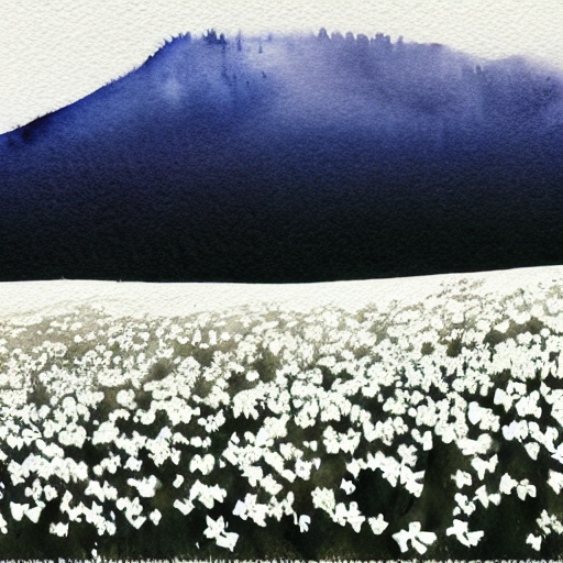 A Snowing Field Of Black Flowers And White Flowers In Front,...
