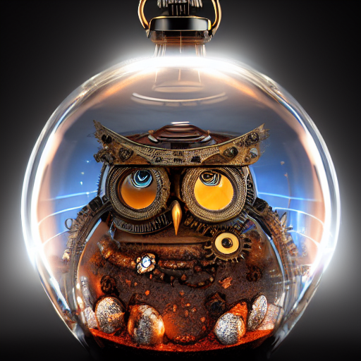 Steampunk Pocketwatch Owl Inside A Glass Jar Buried In Sand,...