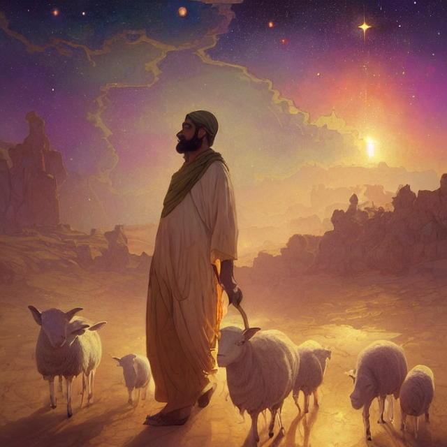 Bedouin Father With Sheeps Surrounded By Nebula, Highly Deta...