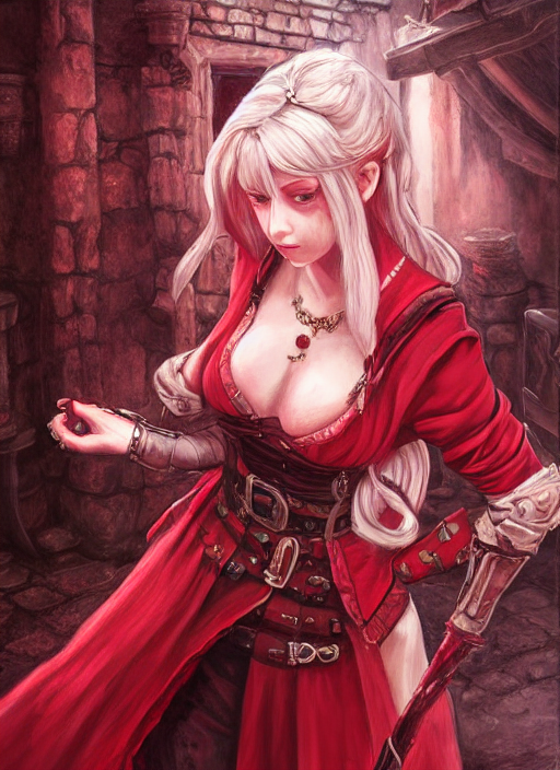 A Portrait Of Female Minstrel In Red Dress, Fantasy, Dungeon...