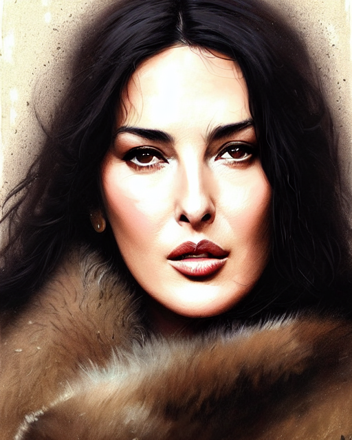 Young Monica Bellucci With Bear Fur Coat   Winter, Realistic...