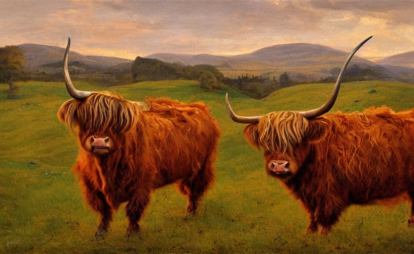 Oil Painting By Hans Holbein Of A Highland Cow In A Meadow A...