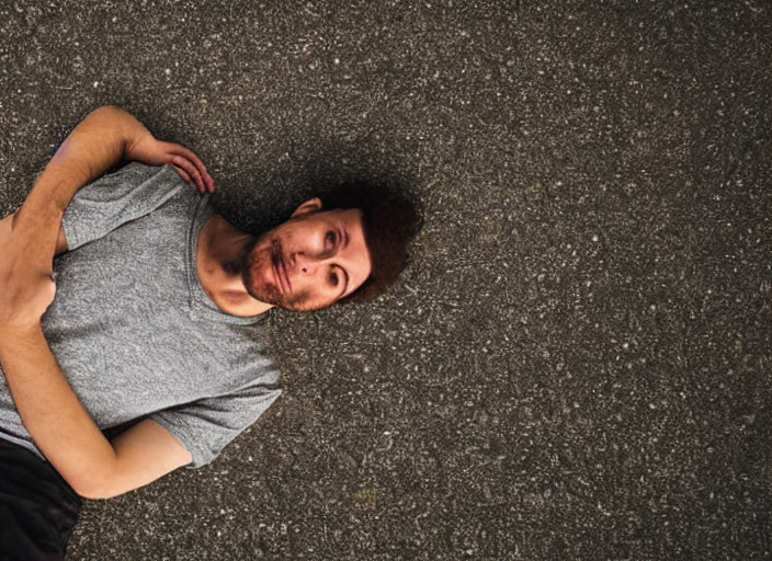 A Man Laying On A Concrete Floor At Night Time Close Up Shot