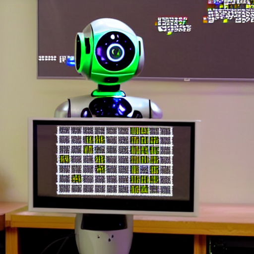 A Robot Shown Coding And Old Video Game, On Screen Old Video... — Stable Diffusion AI Prompt: a robot shown coding and old video game, on screen old video game shown
