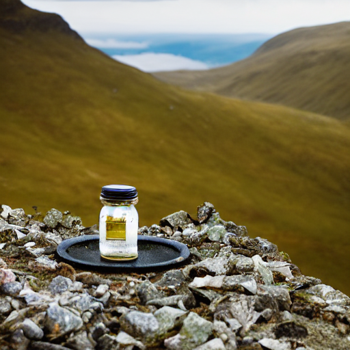 Photograph Of A Cairn Inside A Glass Jar, On A Mountain Top...