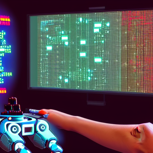 A Elaborate Robot Coding, On Screen Old Video Game Shown, Ro... — Stable Diffusion AI Prompt: a elaborate robot coding, on screen old video game shown, robot hold a controlle...