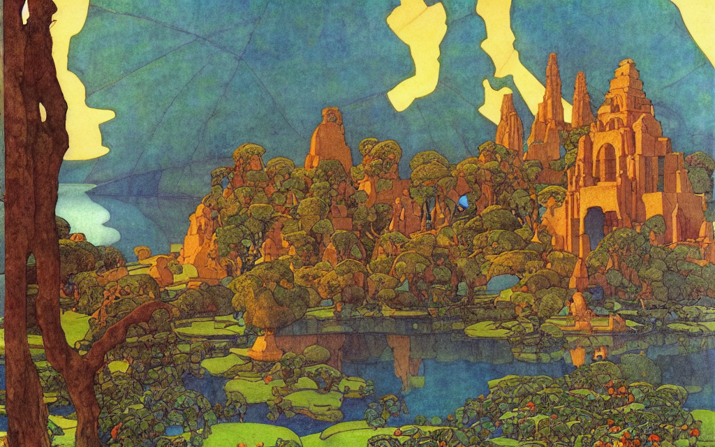 Ancient Temple By A Lake. By Edmund Dulac And Maxfield Parri...