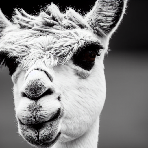 Black And White Flash Close - Up Photograph Of A Llama.