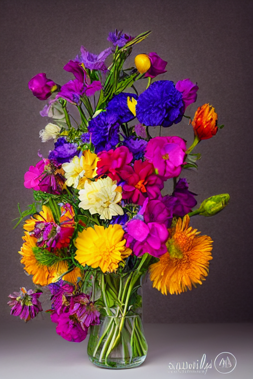 A Glass Vase Of Brightly Coloured Florest Flowers, Tied With...