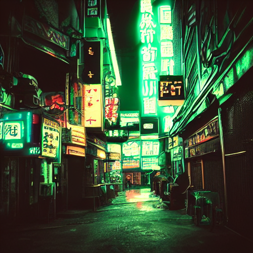 A Dark Alley With Neon And Restaurant Sign, Cyberpunk, Cyber...
