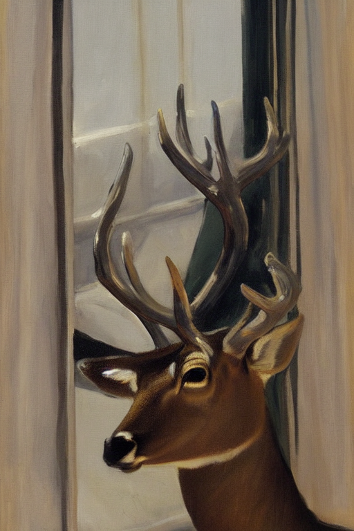 A Painting Of A Male Deer In Suit Sitting On A Chair Near A...