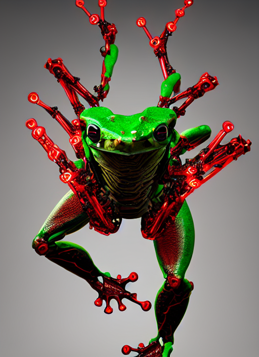 Studio Shot Of Biomechanical Emerald Tree Frog Glowing Red E...