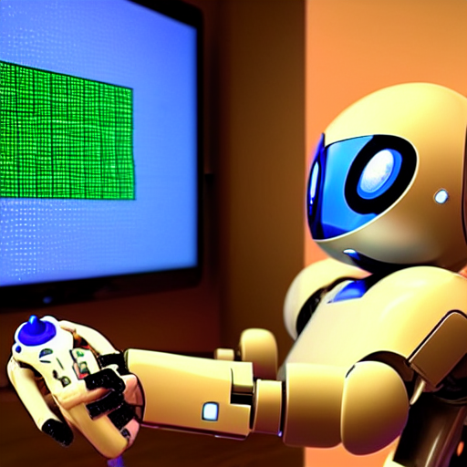 A Elaborate Robot Coding, On Screen Old Video Game Shown, Ro... — Stable Diffusion AI Prompt: a elaborate robot coding, on screen old video game shown, robot hold a controlle...