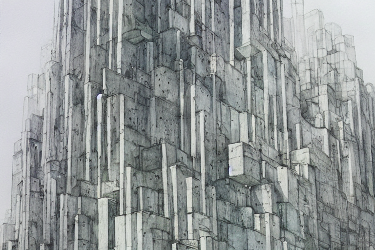 A Beautiful Brutalist Concrete Forest Temple, Art Watercolor...