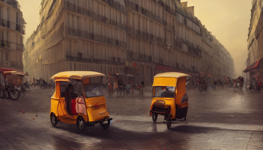 An Auto Rickshaw Driving Through Paris, An Epic Fantasy, Wid... — Stable Diffusion AI Prompt: an auto rickshaw driving through paris, an epic fantasy, wide shot, trending on...