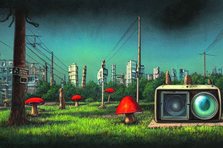 A Realistic Wide Angle Painting Of A Vintage Cathode Ray Tub... — Stable Diffusion AI Prompt: a realistic wide angle painting of a vintage cathode ray tube, in a park, in and...