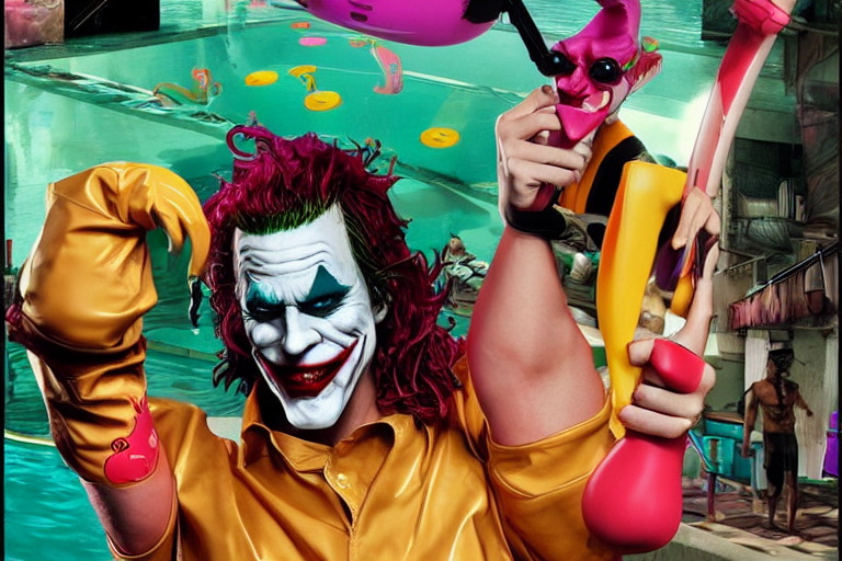 The Joker In A Pool With An Inflatable Flamingo, In The Styl...