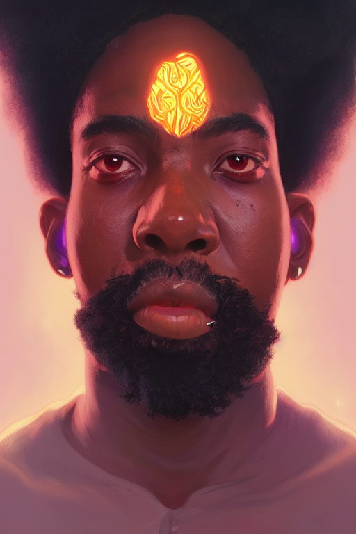 African - American Man With Burning Psychic Aura, White Eyes...