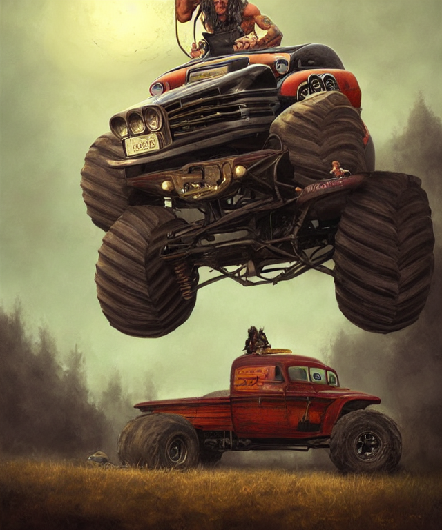 Danny Trejo, Cinematic, Driving Monster Truck Grave Digger,... — Stable Diffusion AI Prompt: danny trejo, cinematic, driving monster truck grave digger, holding a balloon el...