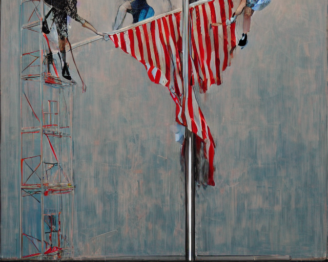 Two Models Hoist A Flag Up A Pole In An Abstract Landscape B...