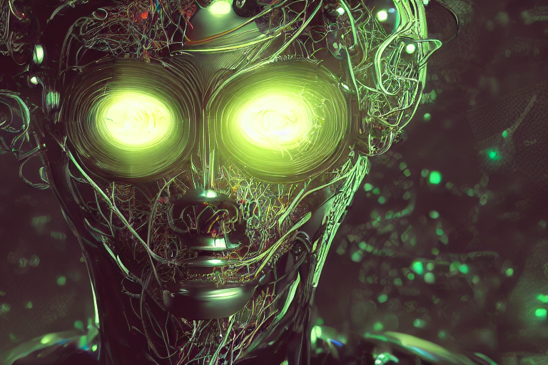 Detailed Digital Biopunk Biomechanical Robot Face In Front O...