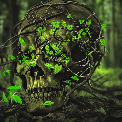 Black Leafed Vines Growing Through A Human Skull In The Wood...