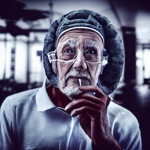 A Scary Image Of An Old Man Wearing Futuristic Headgear
