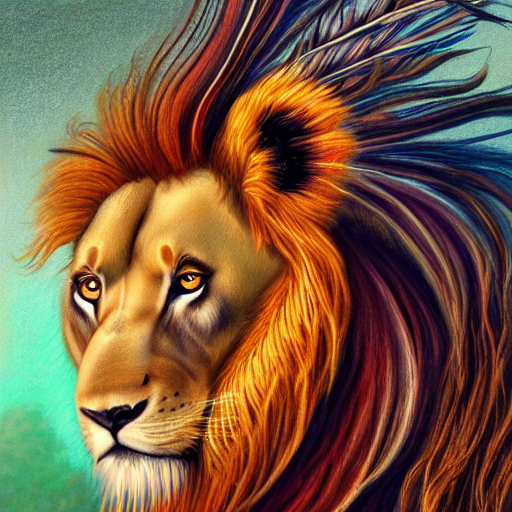Beautiful Lion With Long Flowing Mane And Peacock Feathers A...